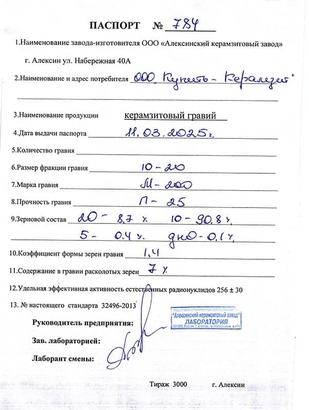 Паспорт качества керамзитового гравия, фракция 10–20 мм